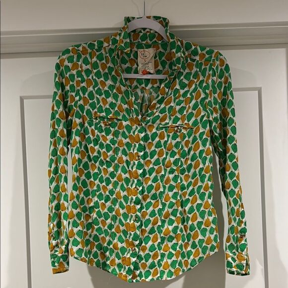 Anthropologie Green and Yellow Long Sleeve Button Down Shirt with Notched Collar - Picture 1 of 4